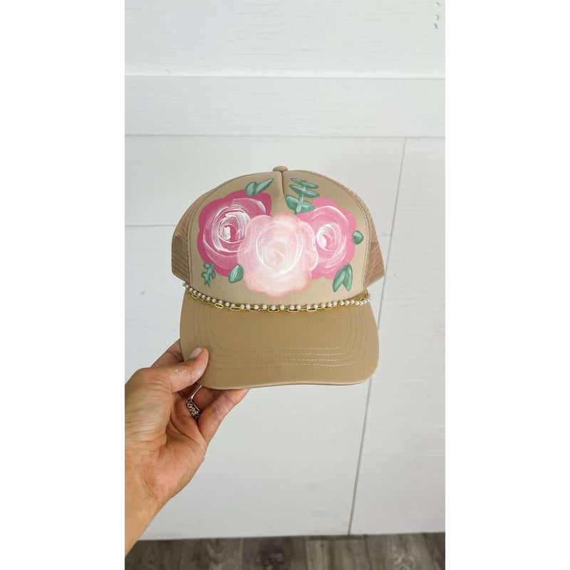 Beige with Pink Floral Trucker Hat:The Rustic Buffalo Boutique