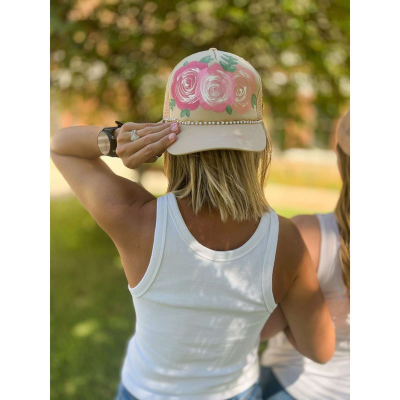 Beige with Pink Floral Trucker Hat:The Rustic Buffalo Boutique