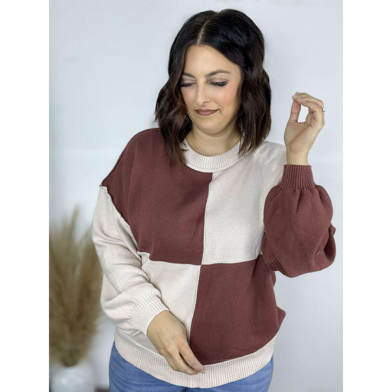 Color Block Exposed Seam Dropped Shoulder Sweater:The Rustic Buffalo Boutique