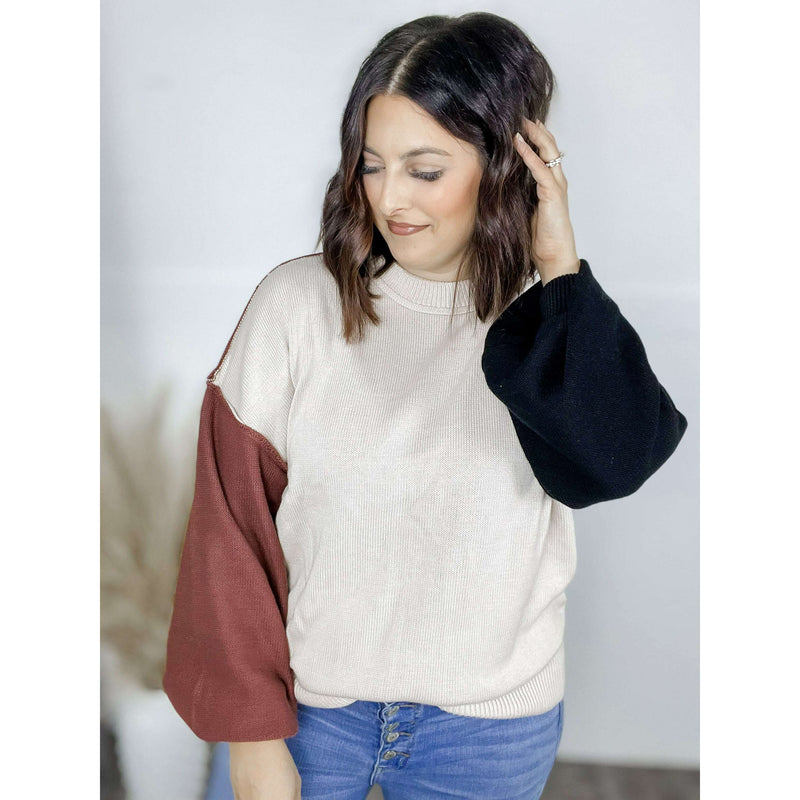 Contrast Round Neck Dropped Shoulder Sweater:The Rustic Buffalo Boutique