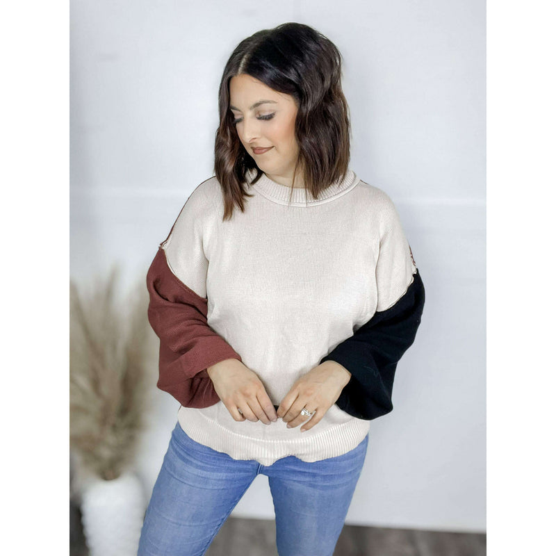 Contrast Round Neck Dropped Shoulder Sweater:The Rustic Buffalo Boutique