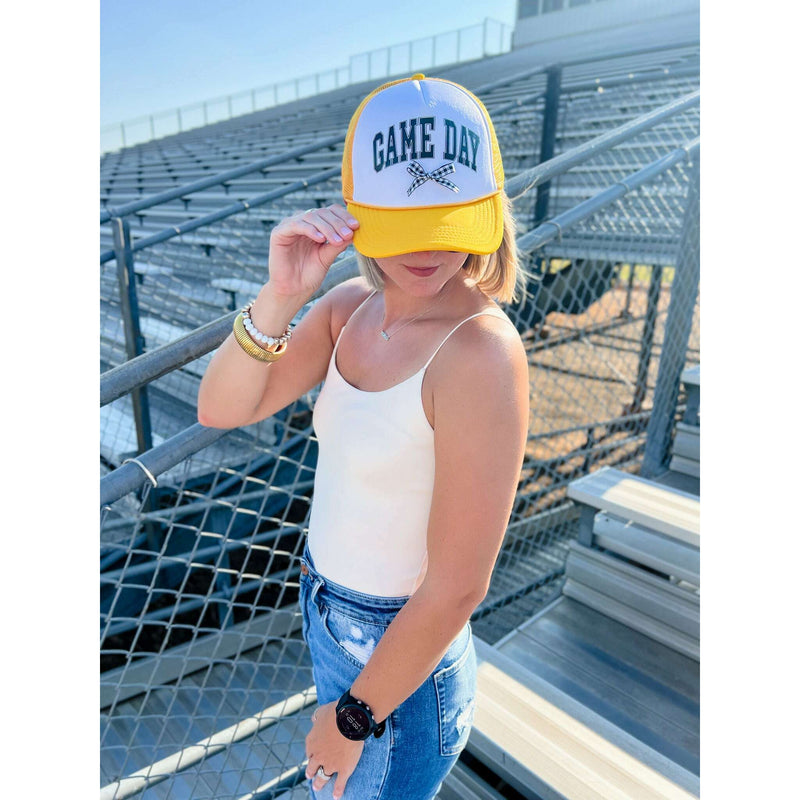 Game Day Vinyl Hat on Gold with Plaid Bow:The Rustic Buffalo Boutique