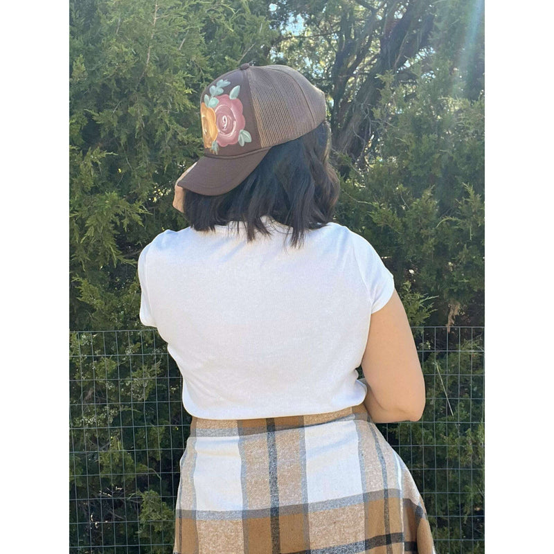 Hand Painted Fall Florals on Brown Trucker Hat:The Rustic Buffalo Boutique