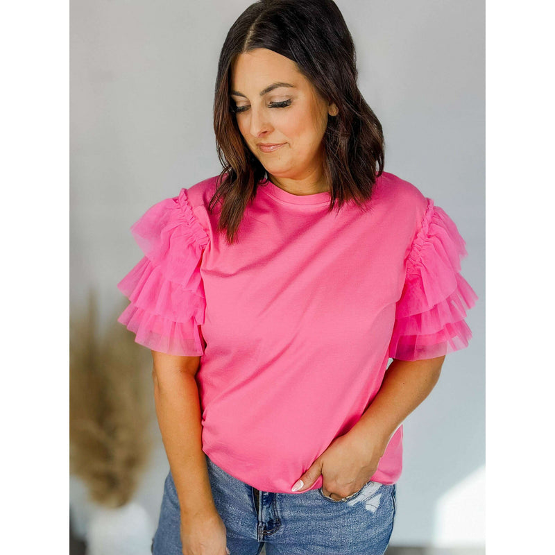Layered Mesh Sleeve Round Neck Tee:The Rustic Buffalo Boutique