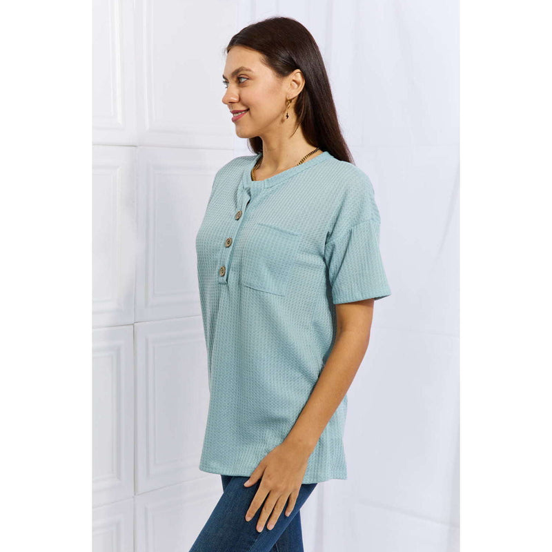 Made For You Button Down Waffle Top in Blue:The Rustic Buffalo Boutique