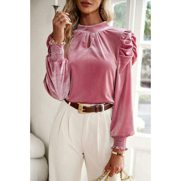 Mock Neck Puff Sleeve Blouse:The Rustic Buffalo Boutique