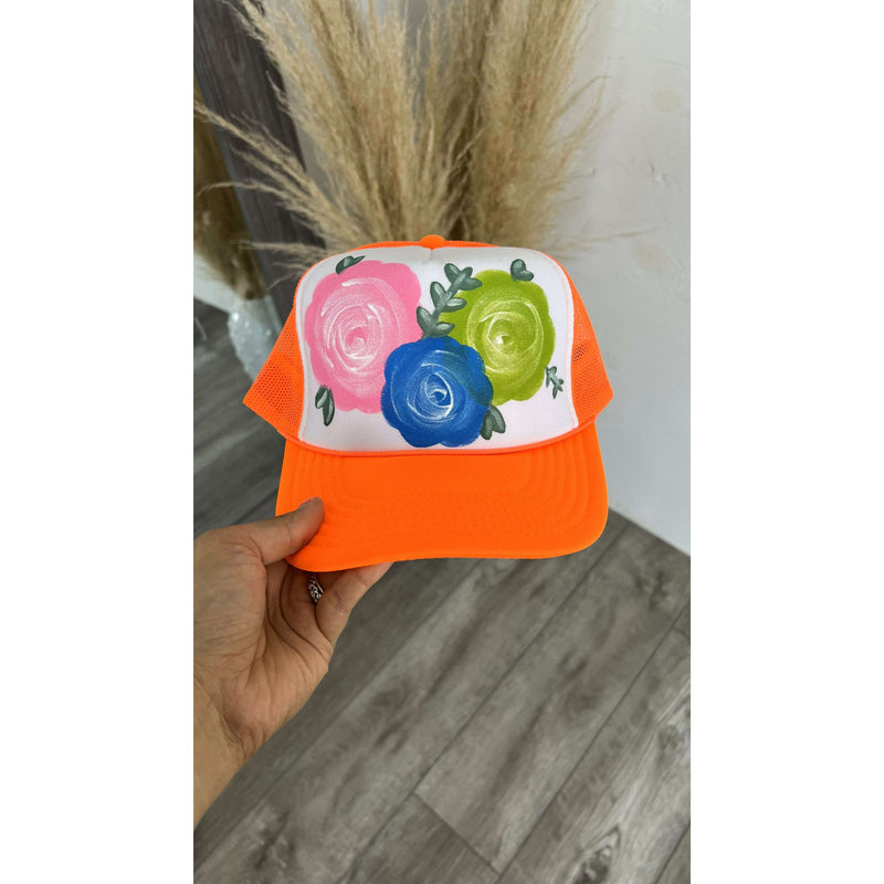 Neon Orange Floral Trucker Hat:The Rustic Buffalo Boutique