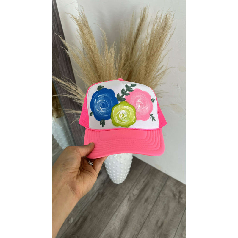 Neon Pink Floral Trucker Hat:The Rustic Buffalo Boutique
