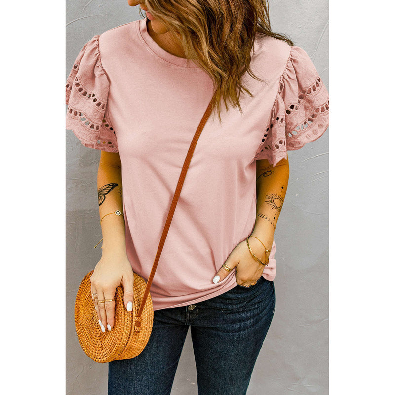 Round Neck Flutter Sleeve Top:The Rustic Buffalo Boutique