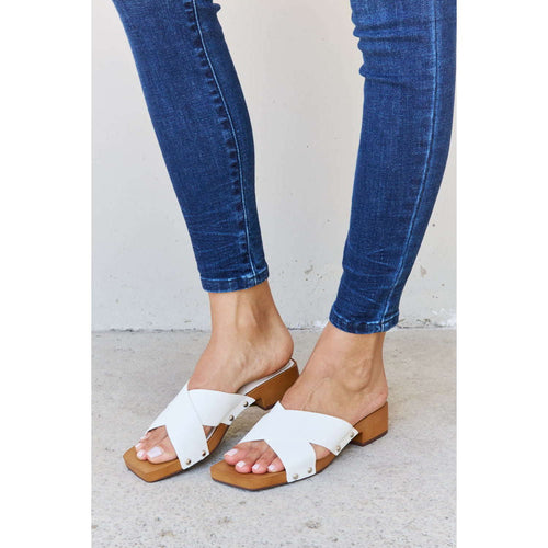 Step Into Summer Criss Cross Wooden Clog Mule in White:The Rustic Buffalo Boutique