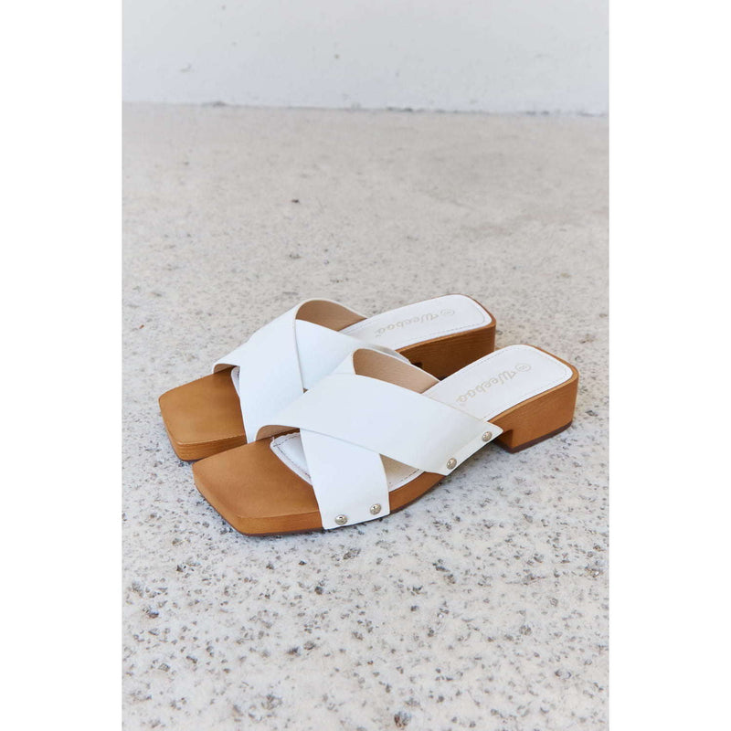Step Into Summer Criss Cross Wooden Clog Mule in White:The Rustic Buffalo Boutique