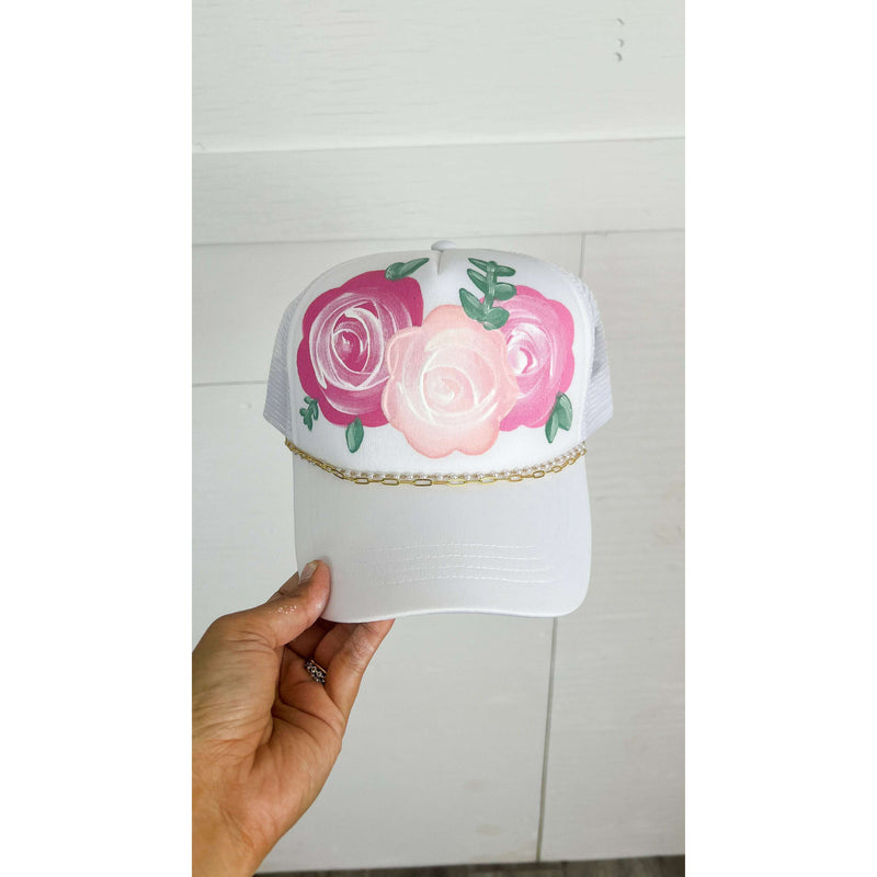 White with Pink Floral Trucker Hat:The Rustic Buffalo Boutique