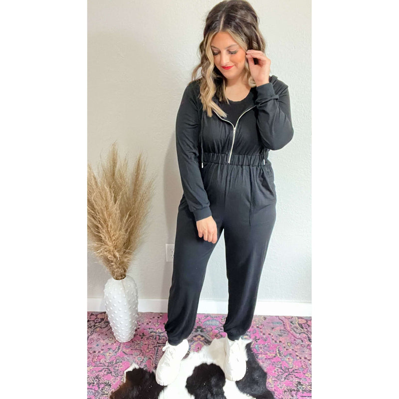 Zip Up Elastic Waist Hooded Jogger Jumpsuit:The Rustic Buffalo Boutique