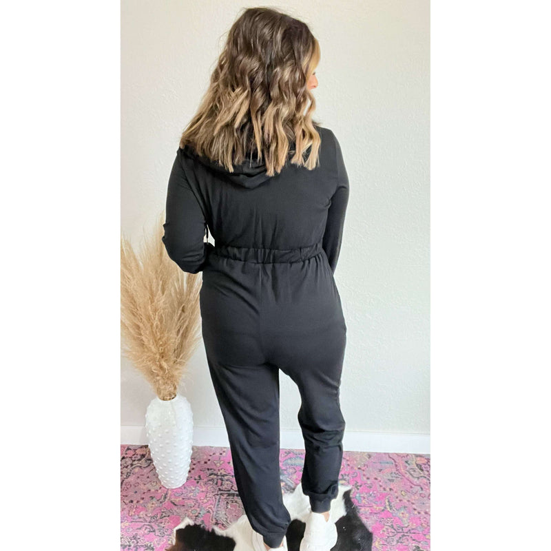 Zip Up Elastic Waist Hooded Jogger Jumpsuit:The Rustic Buffalo Boutique