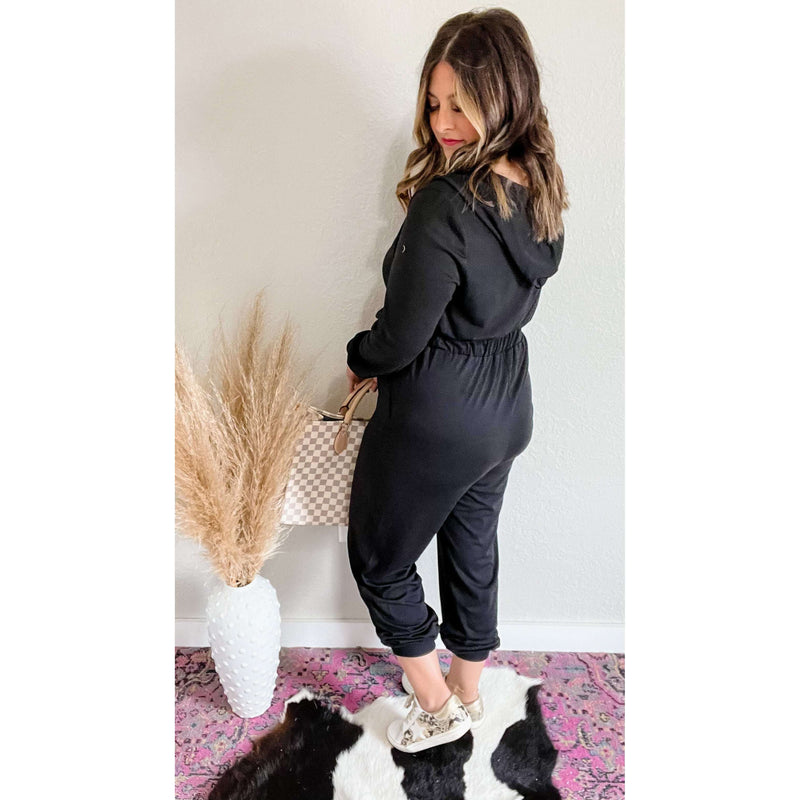 Zip Up Elastic Waist Hooded Jogger Jumpsuit:The Rustic Buffalo Boutique