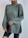 Turtleneck Rib-Knit Slit Sweater