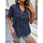 Buttoned Notched Neck Cuffed Sleeve Blouse:The Rustic Buffalo Boutique