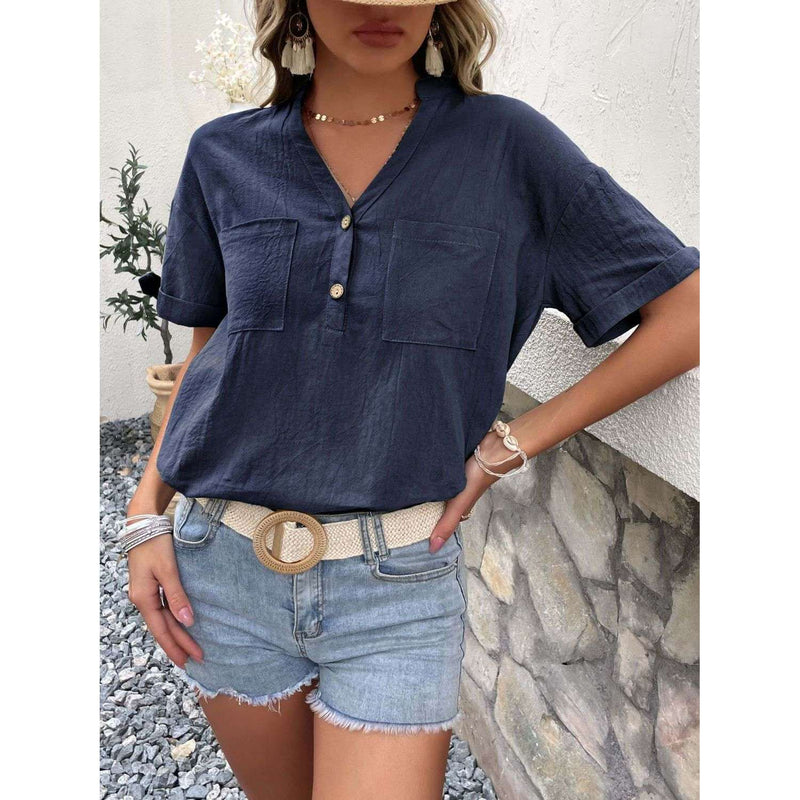 Buttoned Notched Neck Cuffed Sleeve Blouse:The Rustic Buffalo Boutique