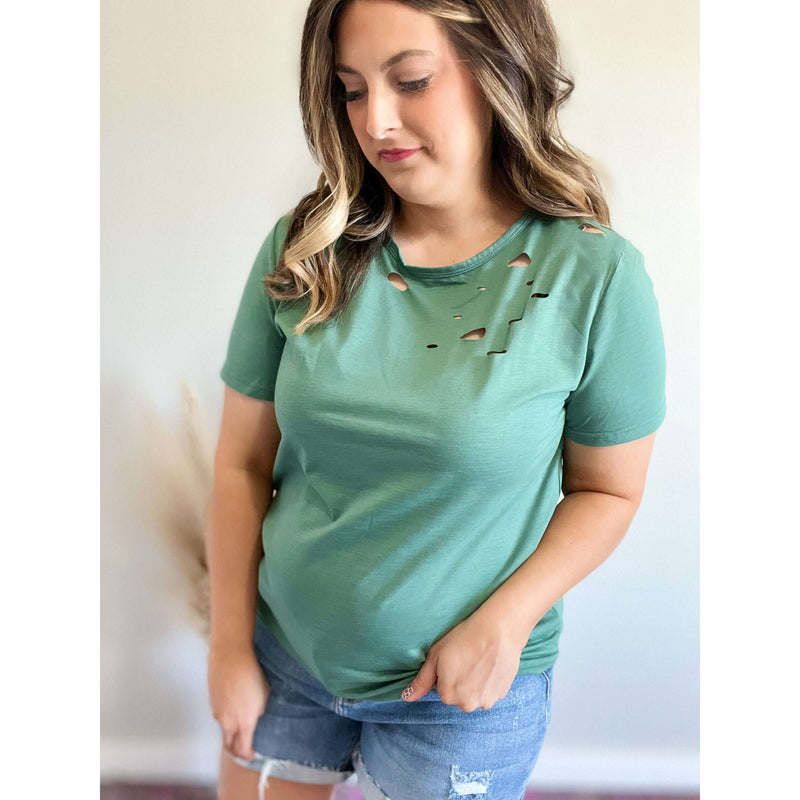 Distressed Short Sleeve Round Neck Tee:The Rustic Buffalo Boutique