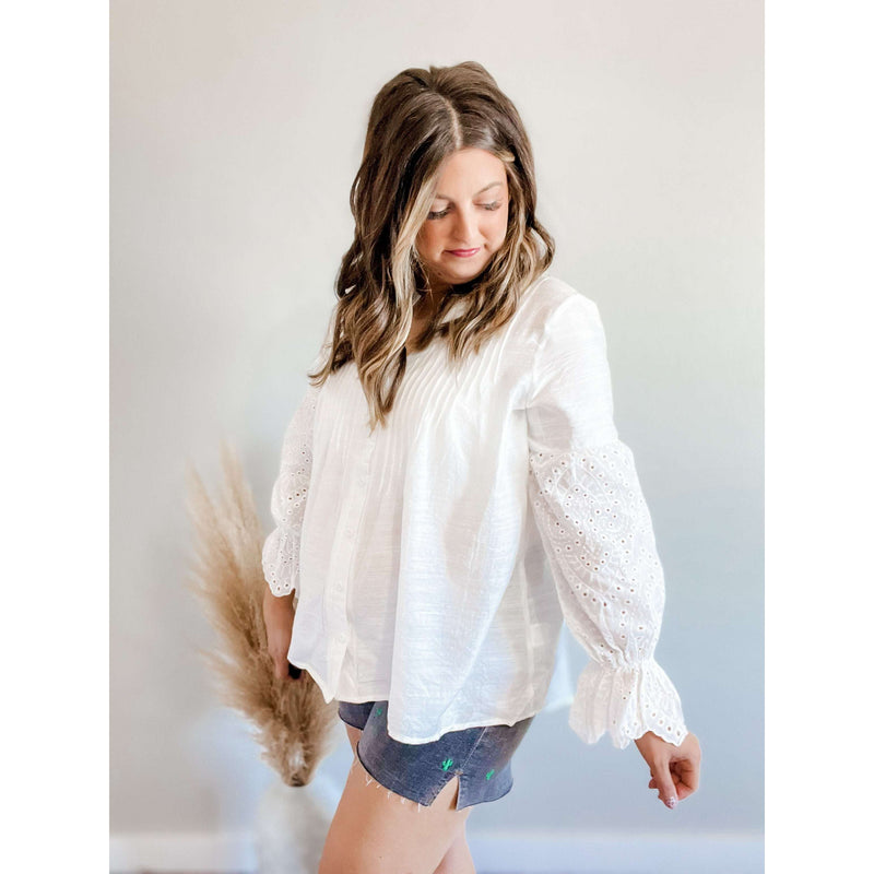 Eyelet Button Front Notched Neck Blouse:The Rustic Buffalo Boutique