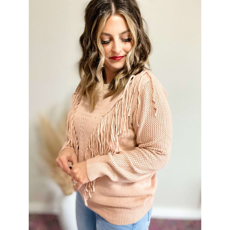 Fringe Detail Ribbed Trim Sweater:The Rustic Buffalo Boutique