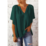 Gathered Detail Notched Neck Flutter Sleeve Top:The Rustic Buffalo Boutique