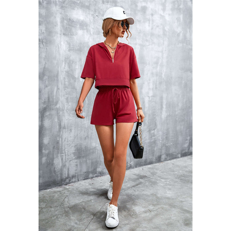 Half Zip Cropped Hooded T-Shirt and Shorts Set:The Rustic Buffalo Boutique