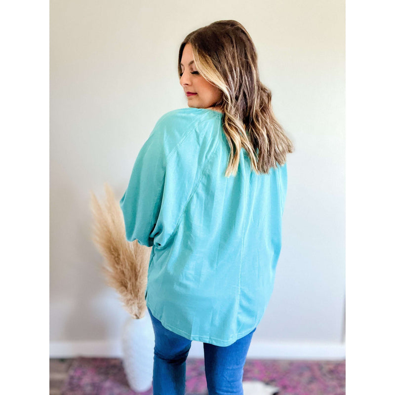 Notched Neck Balloon Sleeve Blouse:The Rustic Buffalo Boutique