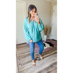 Notched Neck Balloon Sleeve Blouse:The Rustic Buffalo Boutique