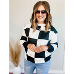 Checkered Dropped Shoulder Knit Pullover:The Rustic Buffalo Boutique