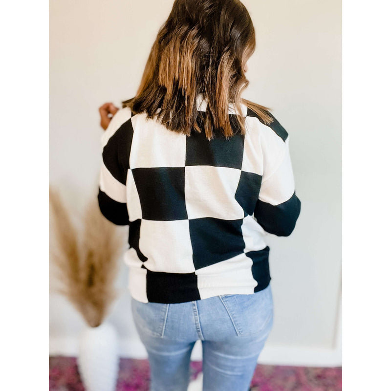 Checkered Dropped Shoulder Knit Pullover:The Rustic Buffalo Boutique