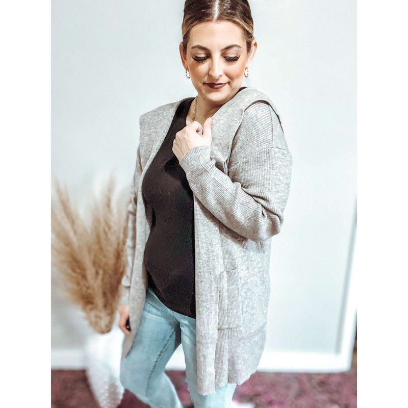Ribbed Open Front Hooded Cardigan with Pockets:The Rustic Buffalo Boutique