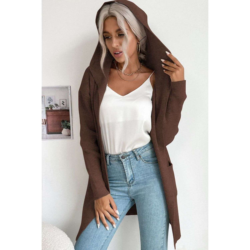 Ribbed Open Front Hooded Cardigan with Pockets:The Rustic Buffalo Boutique